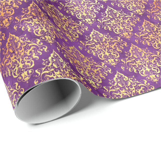 Papier Cadeau Elégant Damask Halloween Spell Gold Purple Motif (Coin rond)
