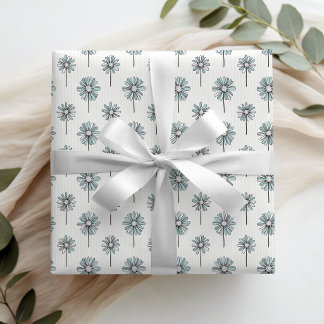 Papier Cadeau Elegant Dusty Blue Daisies Floral Wrapping Paper