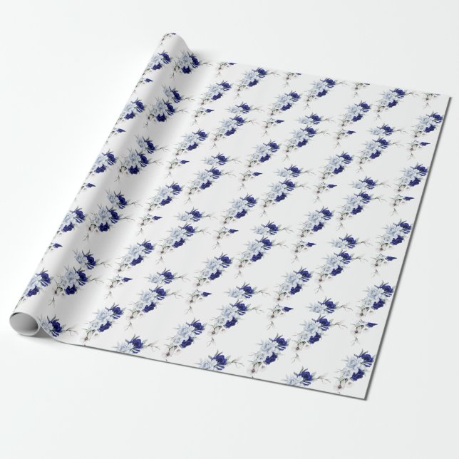 Papier Cadeau Elegant Dusty Blue Navy Floral Wedding  (Déroulé)