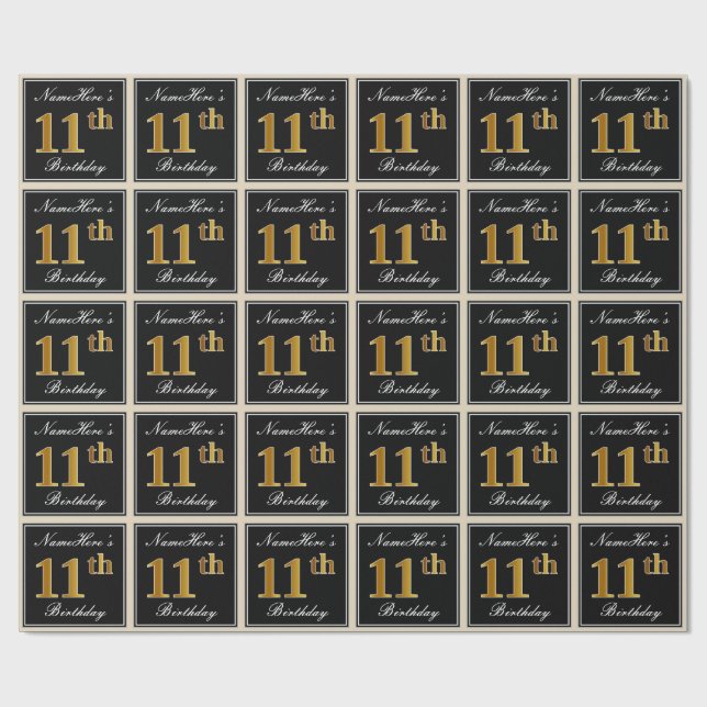Papier Cadeau Elégant, Faux Gold 11e anniversaire + Nom personna (Plat)