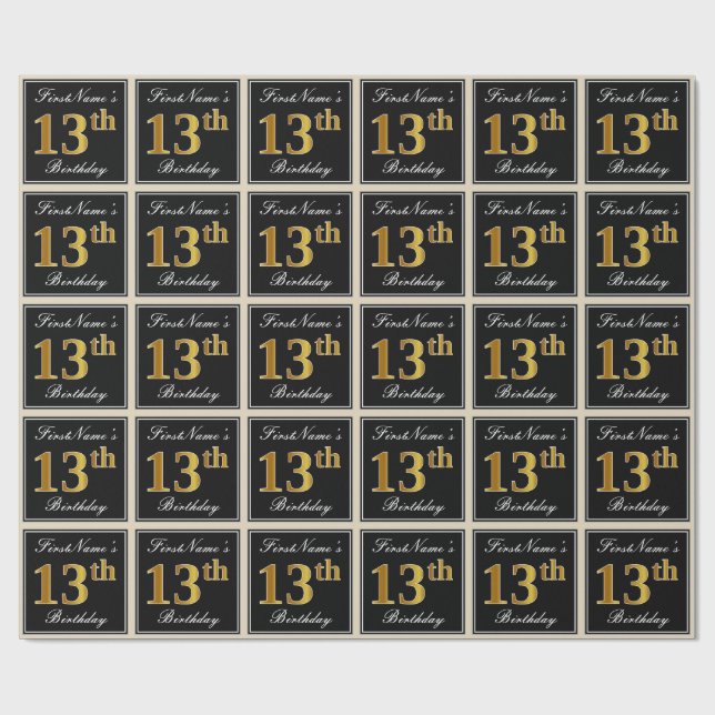 Papier Cadeau Elégant, Faux Gold 13ème anniversaire + Nom person (Plat)