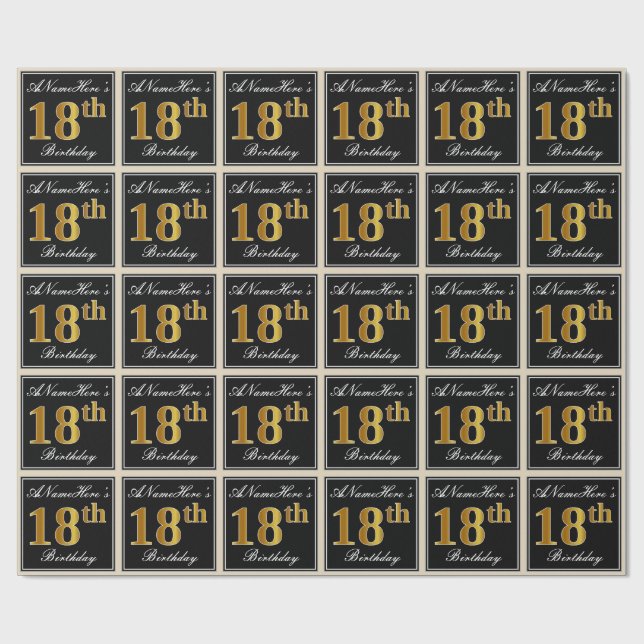 Papier Cadeau Elégant, Faux Gold 18e anniversaire + Nom personna (Plat)