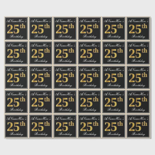 Papier Cadeau Elégant, Faux Gold 25e anniversaire + Nom personna (Plat)