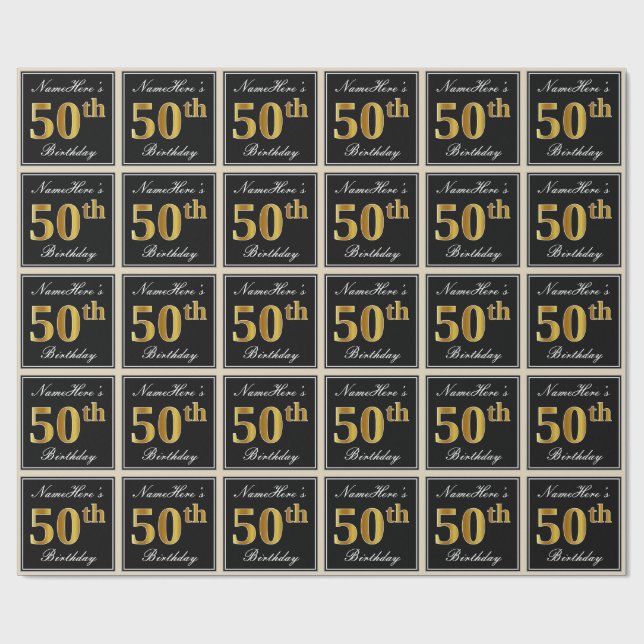 Papier Cadeau Elégant, Faux Gold 50e anniversaire + Nom personna (Plat)