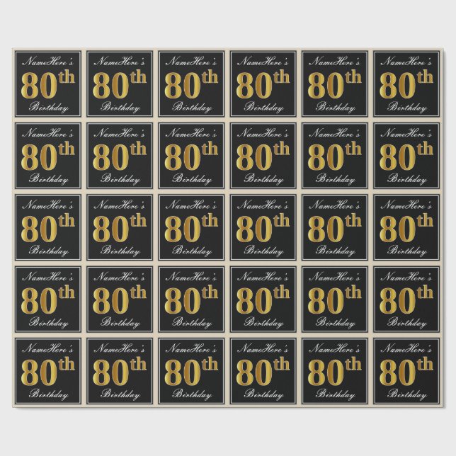 Papier Cadeau Elégant, Faux Gold 80e anniversaire + Nom personna (Plat)