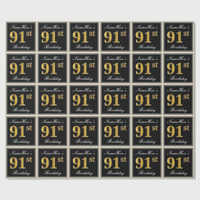 Papier Cadeau Elégant, Faux Gold 91ème Anniversaire + Nom person (Plat)
