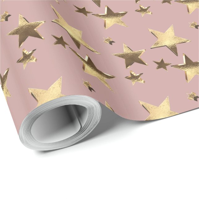 Papier Cadeau Elégant Faux Rose Gold Stars Motif Noël (Coin rond)
