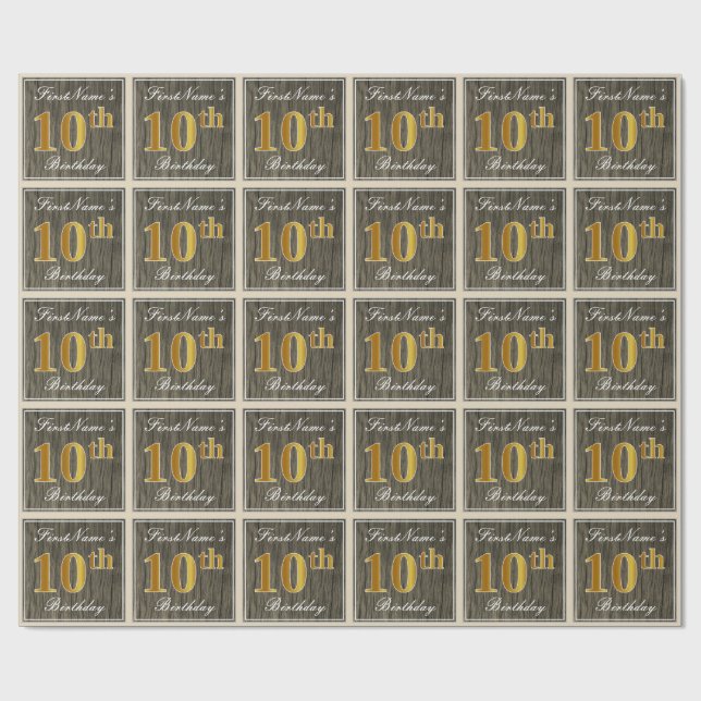 Papier Cadeau Elégant, Faux Wood, Faux Gold 10e Anniversaire + N (Plat)