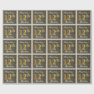 Papier Cadeau Elégant, Faux Wood, Faux Gold 12ème Anniversaire +