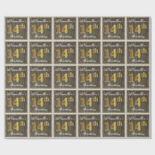 Papier Cadeau Elégant, Faux Wood, Faux Gold 14ème Anniversaire +