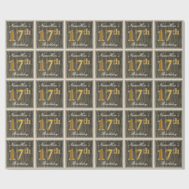 Papier Cadeau Elégant, Faux Wood, Faux Gold 17ème Anniversaire + (Plat)