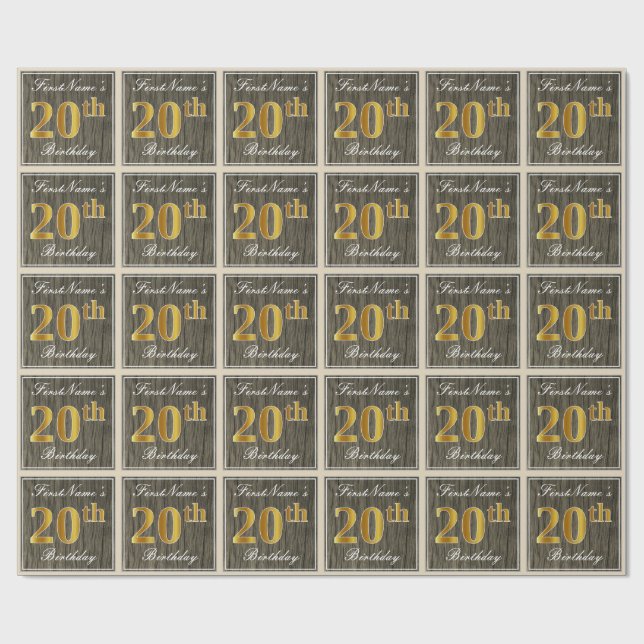 Papier Cadeau Elégant, Faux Wood, Faux Gold 20e Anniversaire + N (Plat)