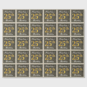 Papier Cadeau Elégant, Faux Wood, Faux Gold 25e Anniversaire + N