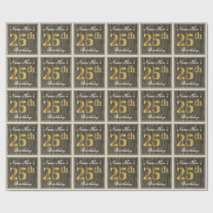 Papier Cadeau Elégant, Faux Wood, Faux Gold 25e Anniversaire + N
