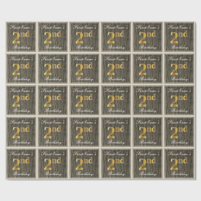 Papier Cadeau Elégant, Faux Wood, Faux Gold 2e anniversaire + No (Plat)