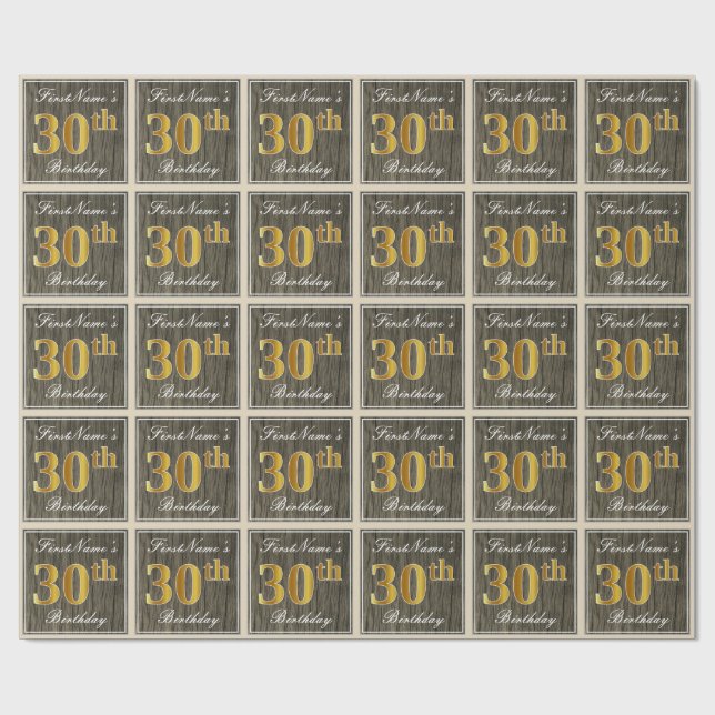 Papier Cadeau Elégant, Faux Wood, Faux Gold 30e Anniversaire + N (Plat)