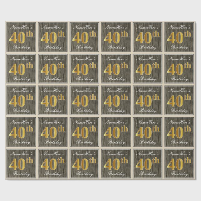 Papier Cadeau Elégant, Faux Wood, Faux Gold 40e Anniversaire + N (Plat)