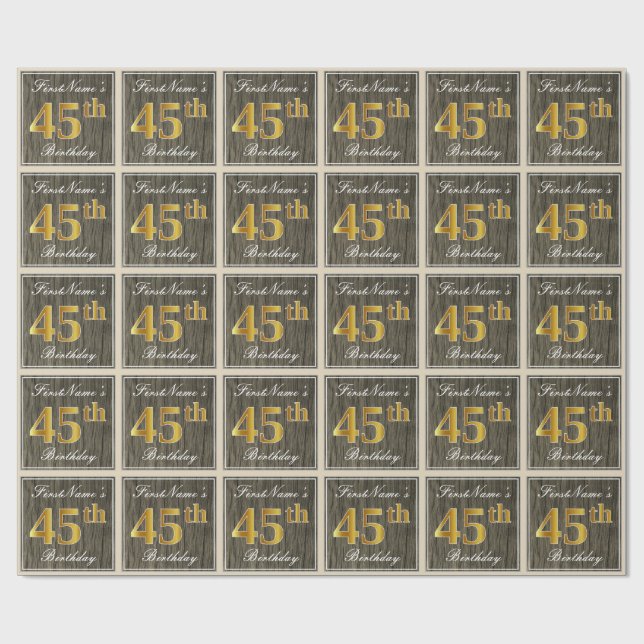 Papier Cadeau Elégant, Faux Wood, Faux Gold 45e Anniversaire + N (Plat)