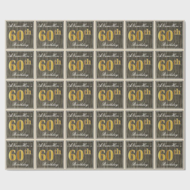 Papier Cadeau Elégant, Faux Wood, Faux Gold 60e Anniversaire + N (Plat)