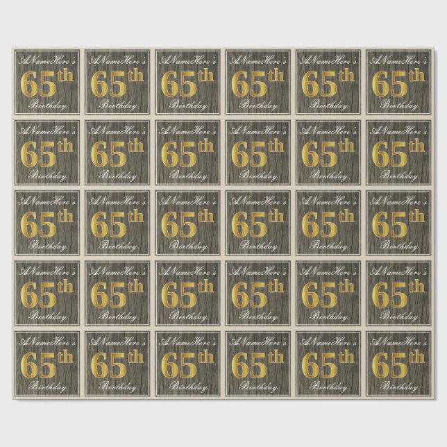 Papier Cadeau Elégant, Faux Wood, Faux Gold 65e Anniversaire + N (Plat)
