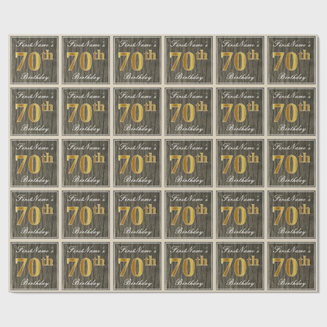 Papier Cadeau Elégant, Faux Wood, Faux Gold 70e Anniversaire + N (Plat)