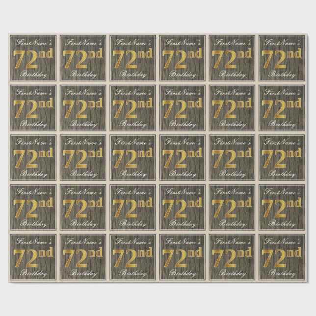 Papier Cadeau Elégant, Faux Wood, Faux Gold 72e Anniversaire + N (Plat)
