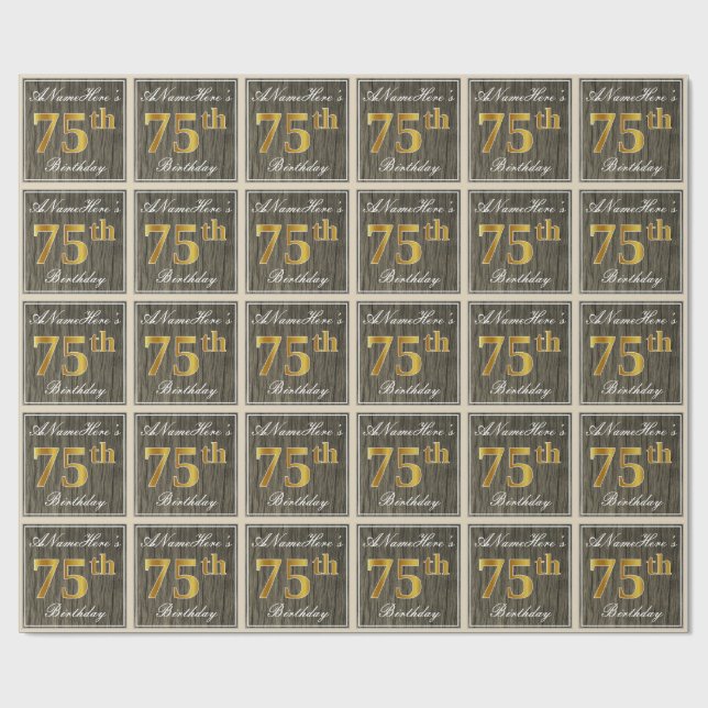 Papier Cadeau Elégant, Faux Wood, Faux Gold 75e Anniversaire + N (Plat)