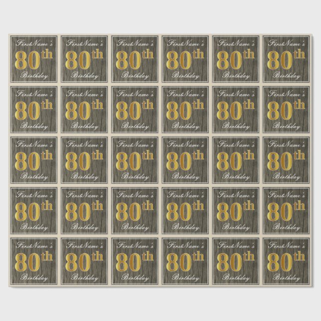 Papier Cadeau Elégant, Faux Wood, Faux Gold 80e Anniversaire + N (Plat)