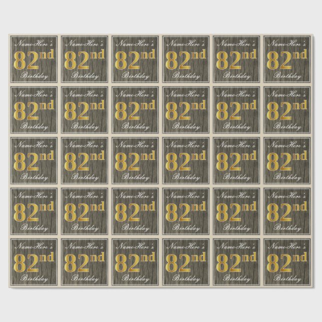 Papier Cadeau Elégant, Faux Wood, Faux Gold 82ème Anniversaire + (Plat)