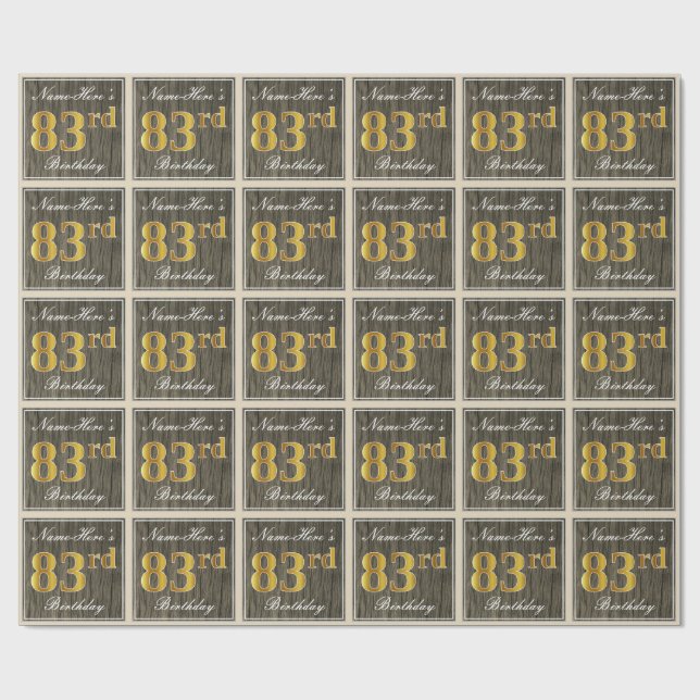 Papier Cadeau Elégant, Faux Wood, Faux Gold 83ème anniversaire + (Plat)
