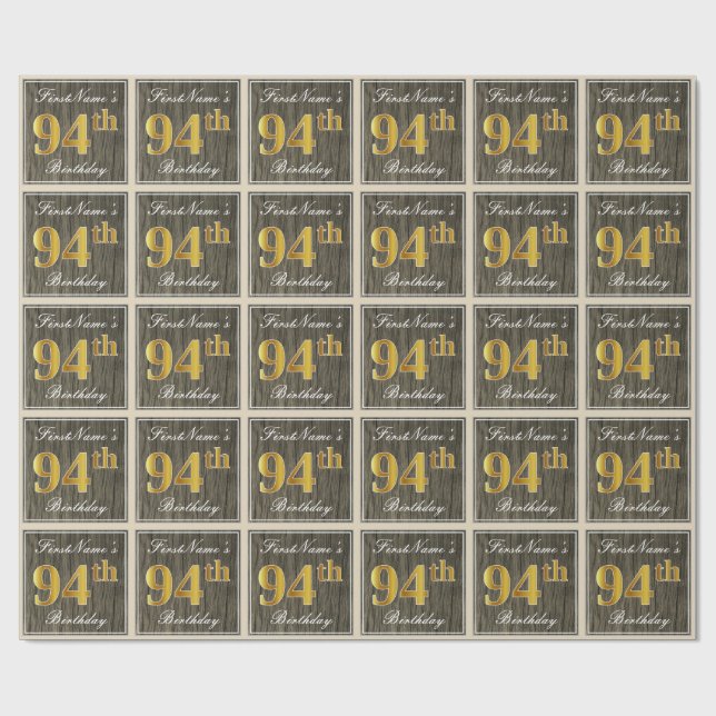 Papier Cadeau Elégant, Faux Wood, Faux Gold 94ème Anniversaire + (Plat)