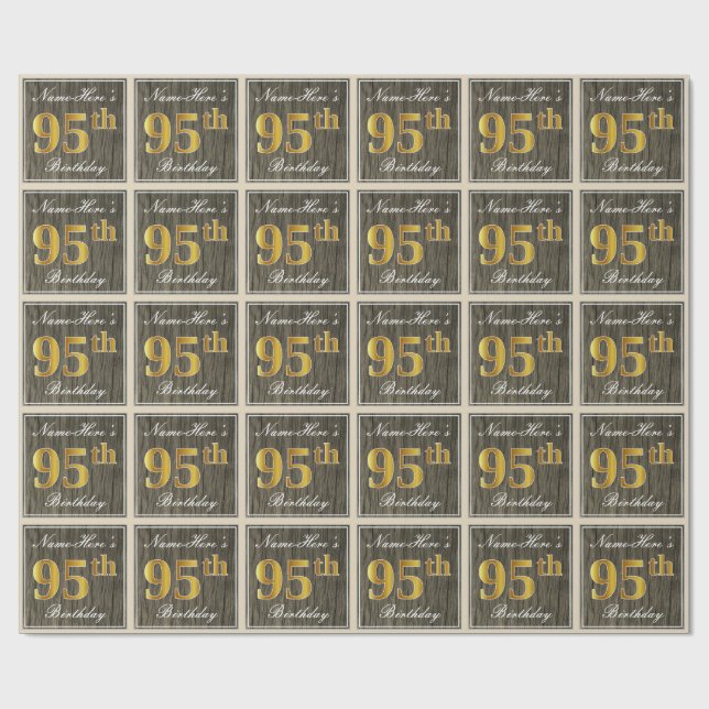 Papier Cadeau Elégant, Faux Wood, Faux Gold 95ème Anniversaire + (Plat)