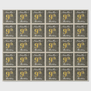 Papier Cadeau Elégant, Faux Wood, Faux Gold 9e Anniversaire + No