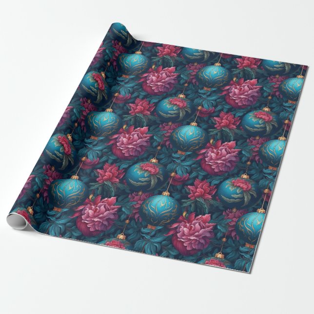 Papier Cadeau Élégant Festif Florales et Baubles papier d'envelo (Déroulé)