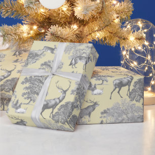 Papier Cadeau Elégant Festif Toile Fox Cerf gris or beige