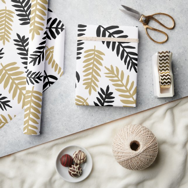 Papier Cadeau Élégant Feuille Motif botanique sur blanc (Artisanat)