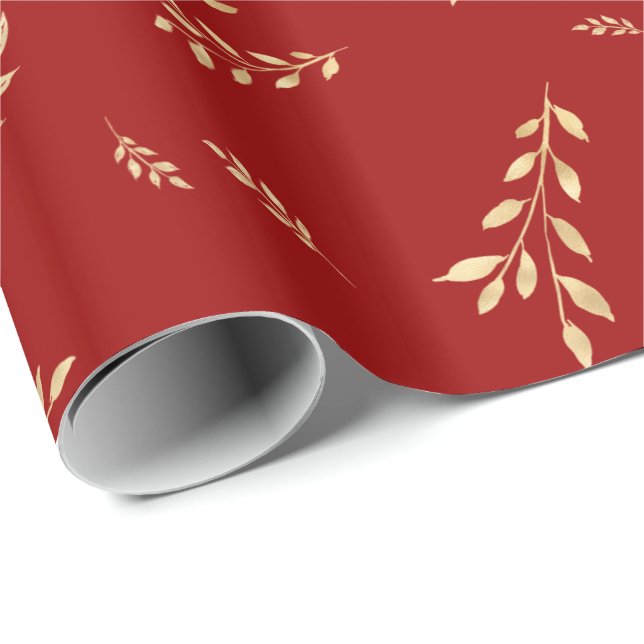 Papier Cadeau Élégant Feuilles de Foil Rouge Holiday (Coin rond)