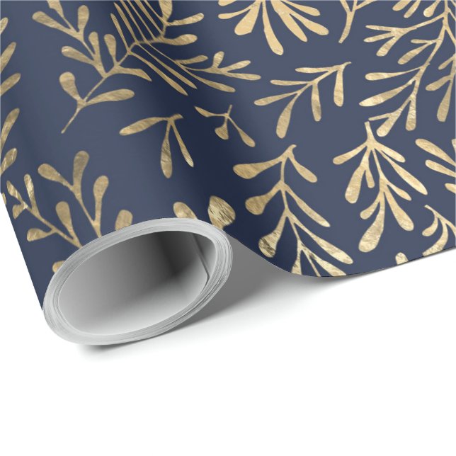 Papier Cadeau Élégant Feuilles de la Marine Blue Gold (Coin rond)