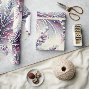 Papier Cadeau Elégant Fleur de Noël de fraises et de neige