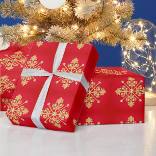 Papier Cadeau Élégant flocon de neige de Noël Or sur le rouge