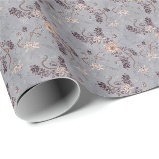 Papier Cadeau Élégant floral argent gris Chrysanthème Mariage