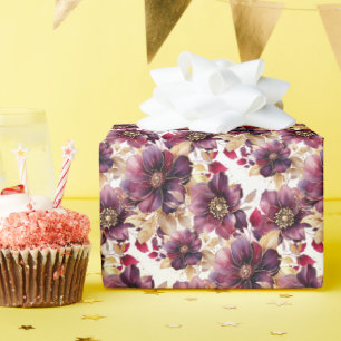 Papier Cadeau Elégant floral or bordeaux pourpre blanc