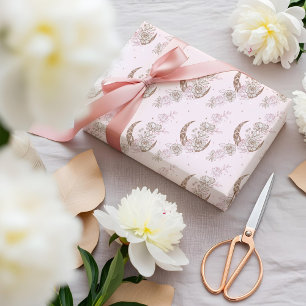 Papier Cadeau Élégant floral rose Pivoine Lune et Étoiles célest