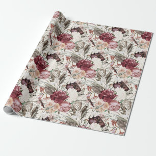 Papier Cadeau Élégant floral verdure de vin de Bourgogne crème