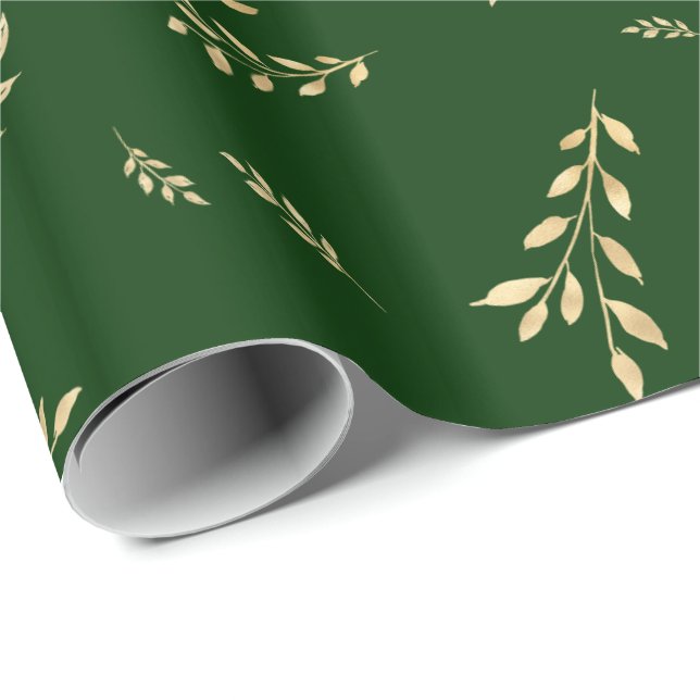 Papier Cadeau Élégant Forêt Vert Feuilles d'huile d'or (Coin rond)