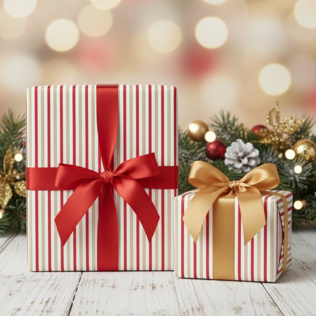 Papier Cadeau Elegant Gold and Red Candy Cane Pinstripe Pattern (Elegant Gold & Red Pinstripe Pattern Christmas Wrapping Paper. Modern Thin Red & Gold Lines Stripes)