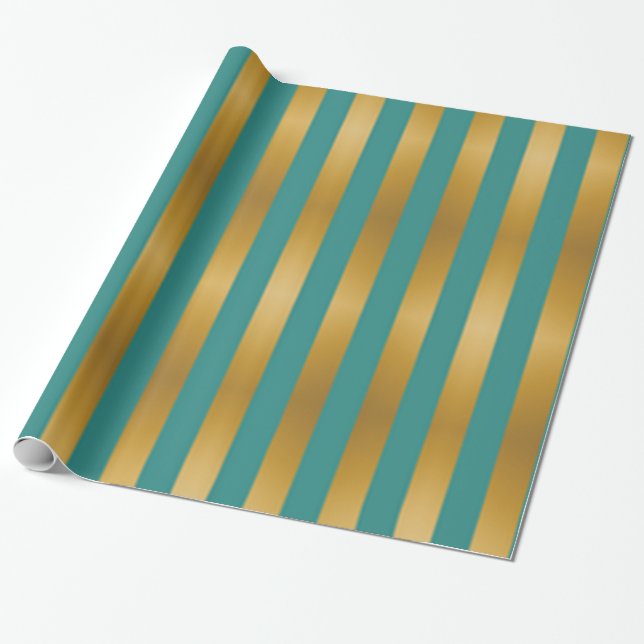 Papier Cadeau Élégant Gold Green Stried Holiday (Déroulé)