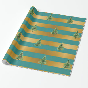 Papier Cadeau Elégant Gold Green Stripes, Pins Trees, Vacances