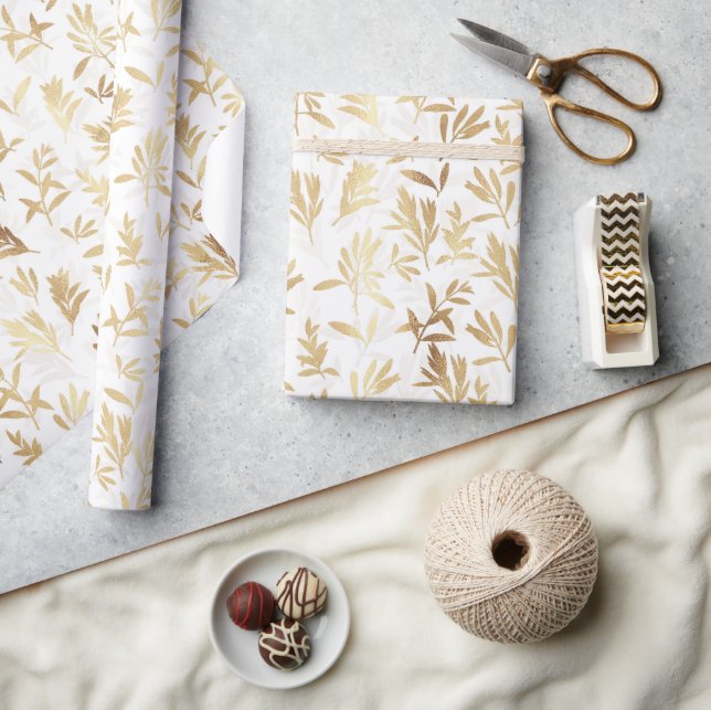 Papier Cadeau Élégant Gold Olive branche Motif blanc (Artisanat)