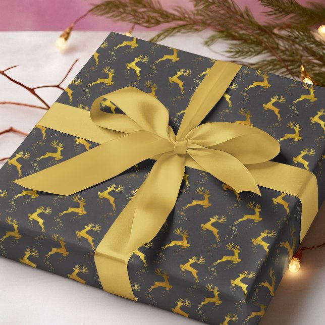Papier Cadeau Élégant Gold Reindeer Charcoal Noël (Créateur téléchargé)